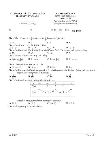 Đề thi thử Tốt nghiệp THPT môn Toán - Mã đề 113 - Năm học 2021-2022 - Trường THPT Cửa Lò (Có đáp án)