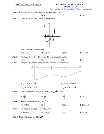 Đề thi thử Tốt nghiệp THPT môn Toán - Năm học 2022-2023 - Trường THPT Xuân Đỉnh (Có lời giải)