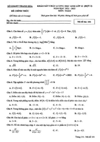 Khảo sát chất lượng học sinh Lớp 12 môn Toán (Đợt 2) - Mã đề 101 - Năm học 2021-2022 - Sở GD&ĐT Thanh Hóa (Có đáp án)
