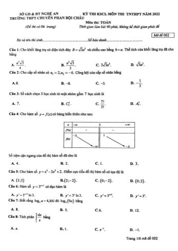 Kì thi khảo sát chất lượng thi Tốt nghiệp THPT môn Toán - Mã đề 002 - Năm học 2022-2023 - Trường THPT chuyên Phan Bội Châu (Có hướng dẫn giải)