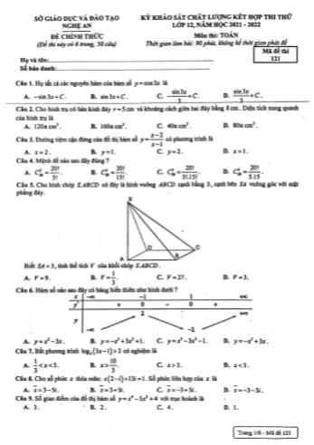 Kỳ khảo sát chất lượng kết hợp thi thử Toán Lớp 12 - Mã đề 121 - Năm học 2021-2022 - Sở GD&ĐT Nghệ An (Có lời giải)
