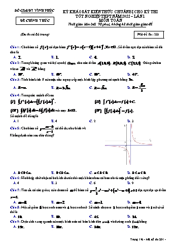 Kỳ khảo sát kiến thức chuẩn bị cho kỳ thi Tốt nghiệp THPT môn Toán (Lần 1) - Mã đề 201 - Sở GD&ĐT Vĩnh Phúc