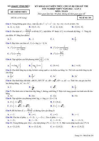 Kỳ khảo sát kiến thức chuẩn bị cho kỳ thi Tốt nghiệp THPT môn Toán (Lần 2) - Mã đề 201 - Năm học 2022-2023 - Sở GD&ĐT Vĩnh Phúc (Có đáp án)