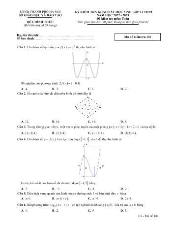 Kỳ kiểm tra khảo sát học sinh THPT Toán Lớp 12 - Mã đề 101 - Sở GD&ĐT Hà Nội (Có đáp án)