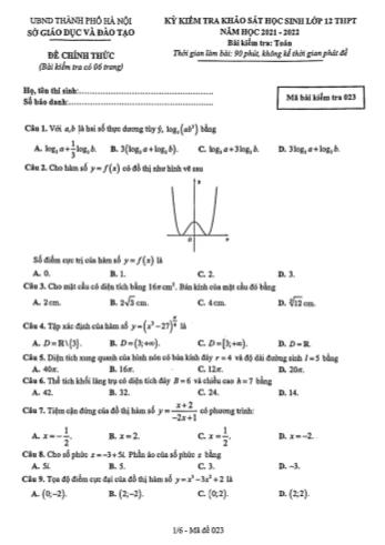 Kỳ kiểm tra khảo sát Toán Lớp 12 - Mã đề 023 - Năm học 2021-2022 - Sở GD&ĐT Hà Nội (Có hướng dẫn giải chi tiết)