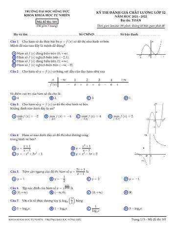 Kỳ thi đánh giá chất lượng Toán Lớp 12 - Mã đề 101 - Năm học 2021-2022 - Trường Đại học Hồng Đức (Có đáp án)
