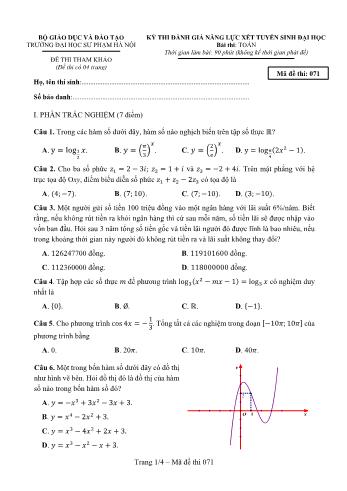 Kỳ thi đánh giá năng lực tuyển sinh Đại học - Mã đề 071 - Trường Đại học Sư phạm Hà Nội