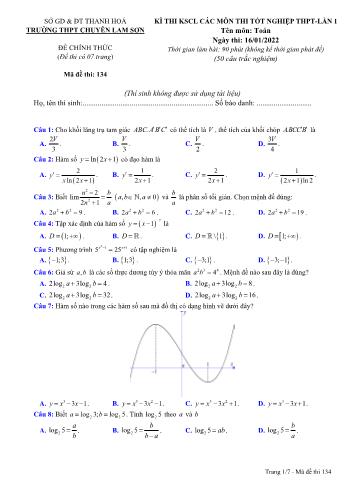 Kỳ thi khảo sát chất lượng thi Tốt nghiệp THPT môn Toán (Lần 1) - Mã đề 134 - Năm học 2022-2023 - Trường THPT chuyên Lam Sơn (Có lời giải)