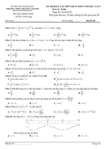 Kỳ thi khảo sát chất lượng thi Tốt nghiệp THPT môn Toán (Lần 2) - Mã đề 101 - Năm học 2022-2023 - Trường THPT chuyên Lam Sơn (Có lời giải)