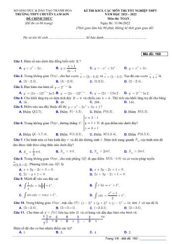 Kỳ thi khảo sát chất lượng thi Tốt nghiệp THPT môn Toán - Mã đề 160 - Năm học 2022-2023 - Trường THPT chuyên Lam Sơn (Có đáp án)