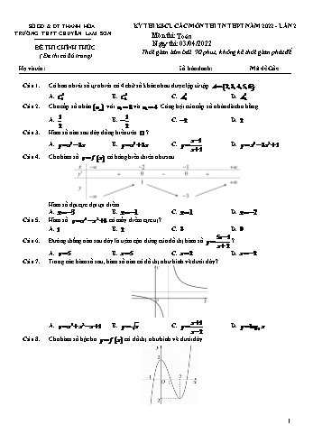 Kỳ thi khảo sát chất lượng Tốt nghiệp THPT môn Toán (Lần 2) - Đề gốc - Năm học 2022-2023 - Trường THPT chuyên Lam Sơn (Có lời giải)