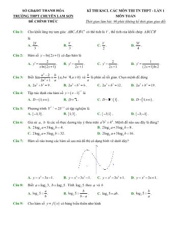 Kỳ thi khảo sát chất lượng Tốt nghiệp THPT Toán (Lần 1) - Năm học 2022-2023 - Trường THPT chuyên Lam Sơn (Có lời giải)