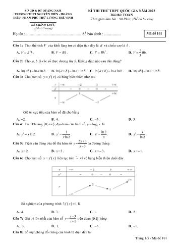Kỳ thi thử THPT Quốc gia môn Toán - Mã đề 101 - Năm học 2023-2024 - Trường THPT Nguyễn Hiền (Có đáp án)