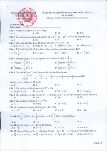 Kỳ thi thử Tốt nghiệp THPT môn Toán - Đề minh họa - Năm học 2022-2023 (Có lời giải)