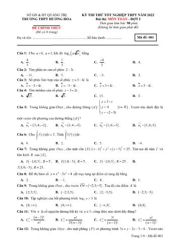 Kỳ thi thử Tốt nghiệp THPT môn Toán (Đợt 1) - Mã đề 001 - Năm học 2022-2023 - Trường THPT Hướng Hóa (Có đáp án)