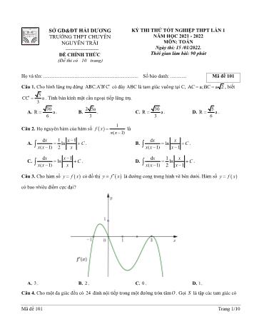 Kỳ thi thử Tốt nghiệp THPT môn Toán (Lần 1) - Mã đề 101 - Năm học 2021-2022 - Trường THPT Nguyễn Trãi (Có đáp án)