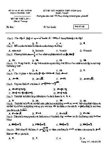 Kỳ thi thử Tốt nghiệp THPT môn Toán (Lần 1) - Mã đề 108 - Năm học 2022-2023 - Sở GD&ĐT Hải Dương