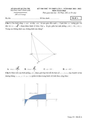 Kỳ thi thử Tốt nghiệp THPT môn Toán (Lần 1) - Mã đề A - Năm học 2021-2022 - Trường THPT Vĩnh Linh