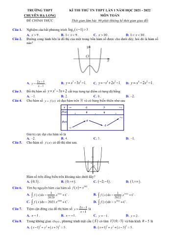 Kỳ thi thử Tốt nghiệp THPT môn Toán (Lần 1) - Năm học 2021-2022 - Trường THPT chuyên Hạ Long (Có hướng dẫn giải)