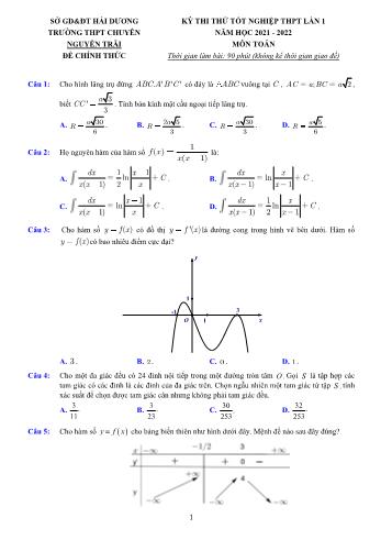 Kỳ thi thử Tốt nghiệp THPT môn Toán (Lần 1) - Năm học 2021-2022 - Trường THPT chuyên Nguyễn Trãi (Có hướng dẫn giải chi tiết)