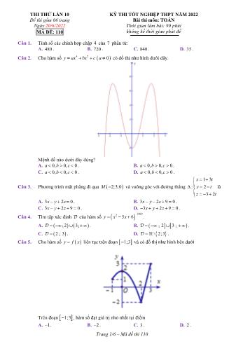 Kỳ thi thử Tốt nghiệp THPT môn Toán (Lần 10) - Mã đề 110 - Năm học 2021-2022 (Có lời giải)