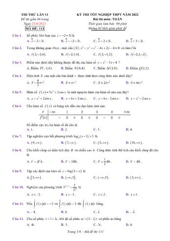 Kỳ thi thử Tốt nghiệp THPT môn Toán (Lần 11) - Mã đề 111 - Năm học 2021-2022 (Có lời giải)