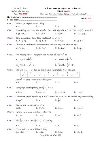 Kỳ thi thử Tốt nghiệp THPT môn Toán (Lần 12) - Mã đề 112 - Năm học 2021-2022 (Có lời giải)