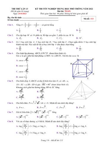 Kỳ thi thử Tốt nghiệp THPT môn Toán (Lần 13) - Mã đề 113 - Năm học 2021-2022 (Có lời giải)