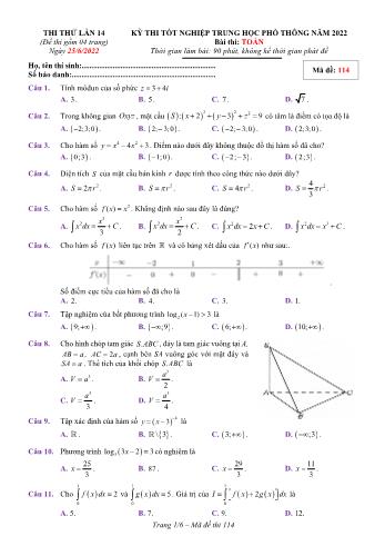 Kỳ thi thử Tốt nghiệp THPT môn Toán (Lần 14) - Mã đề 114 - Năm học 2021-2022 (Có lời giải)