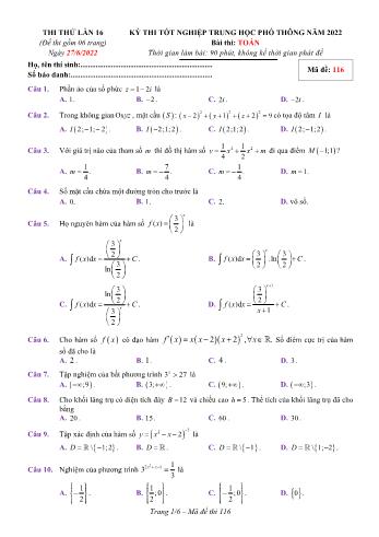 Kỳ thi thử Tốt nghiệp THPT môn Toán (Lần 16) - Mã đề 116 - Năm học 2021-2022 (Có lời giải)