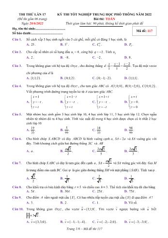 Kỳ thi thử Tốt nghiệp THPT môn Toán (Lần 17) - Mã đề 117 - Năm học 2021-2022 (Có lời giải)