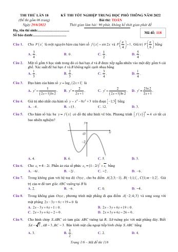 Kỳ thi thử Tốt nghiệp THPT môn Toán (Lần 18) - Mã đề 118 - Năm học 2021-2022 (Có lời giải)