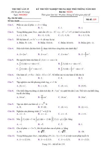 Kỳ thi thử Tốt nghiệp THPT môn Toán (Lần 19) - Mã đề 119 - Năm học 2021-2022 (Có lời giải)