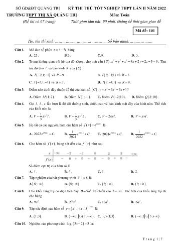 Kỳ thi thử Tốt nghiệp THPT môn Toán (Lần 2) - Mã đề 101 - Năm học 2021-2022 - Trường THPT Thị xã Quảng Trị (Có đáp án)