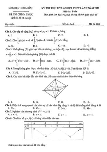 Kỳ thi thử Tốt nghiệp THPT môn Toán (Lần 2) - Năm học 2021-2022 - Sở GD&ĐT Hòa Bình (Có lời giải)