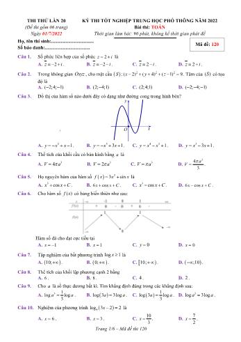 Kỳ thi thử Tốt nghiệp THPT môn Toán (Lần 20) - Mã đề 120 - Năm học 2021-2022 (Có lời giải)