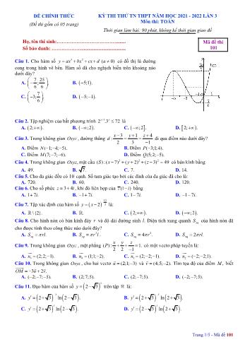 Kỳ thi thử Tốt nghiệp THPT môn Toán (Lần 3) - Mã đề 101 - Năm học 2021-2022 - Trường THPT chuyên Hạ Long (Có đáp án)