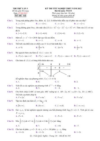 Kỳ thi thử Tốt nghiệp THPT môn Toán (Lần 3) - Mã đề 103 - Năm học 2021-2022 (Có lời giải)