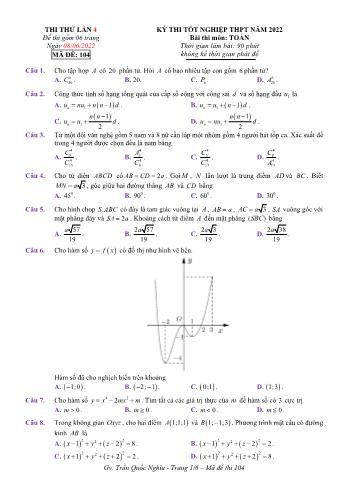 Kỳ thi thử Tốt nghiệp THPT môn Toán (Lần 4) - Mã đề 104 - Năm học 2021-2022 (Có lời giải)