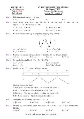 Kỳ thi thử Tốt nghiệp THPT môn Toán (Lần 5) - Mã đề 105 - Năm học 2021-2022 (Có lời giải)