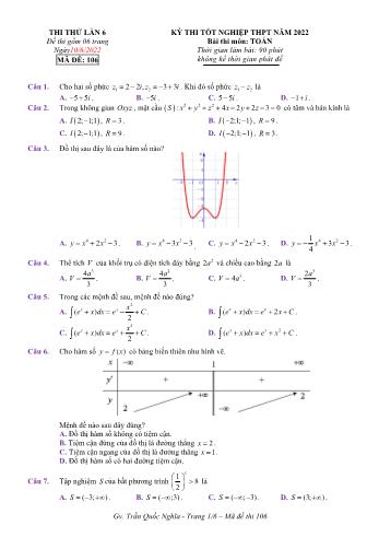 Kỳ thi thử Tốt nghiệp THPT môn Toán (Lần 6) - Mã đề 106 - Năm học 2021-2022 (Có lời giải)