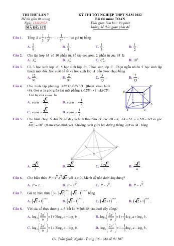 Kỳ thi thử Tốt nghiệp THPT môn Toán (Lần 7) - Mã đề 107 - Năm học 2021-2022 (Có lời giải)