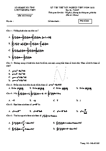 Kỳ thi thử Tốt nghiệp THPT môn Toán - Mã đề 001 - Năm học 2022-2023 - Sở GD&ĐT Hà Tĩnh