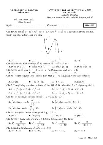 Kỳ thi thử Tốt nghiệp THPT môn Toán - Mã đề 003 - Năm học 2022-2023 - Sở GD&ĐT Kiên Giang (Có lời giải)