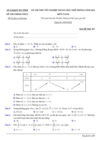 Kỳ thi thử Tốt nghiệp THPT môn Toán - Mã đề 007 - Năm học 2022-2023 - Sở GD&ĐT Hà Tĩnh