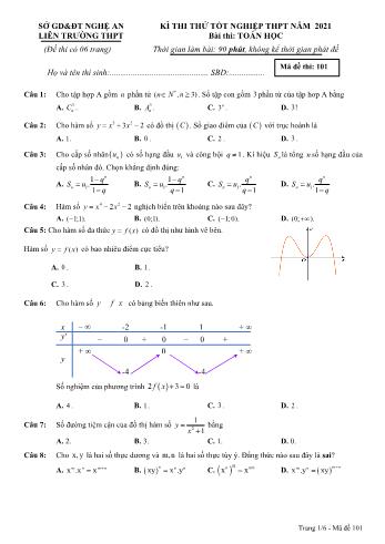 Kỳ thi thử tốt nghiệp THPT môn Toán - Mã đề 101 - Năm học 2021-2022 - Sở GD&ĐT Nghệ An (Có đáp án)