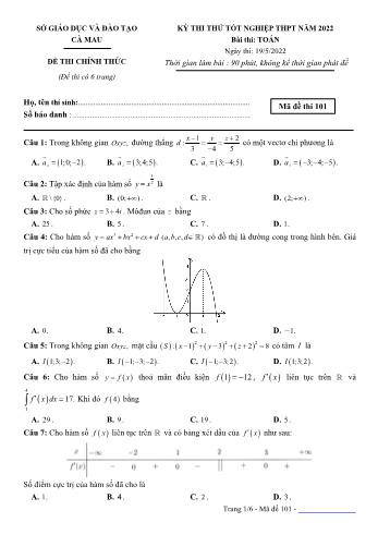 Kỳ thi thử Tốt nghiệp THPT môn Toán - Mã đề 101 - Năm học 2022-2023 - Sở GD&ĐT Cà Mau (Có đáp án)