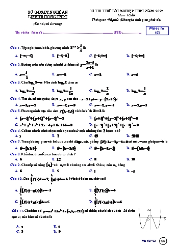 Kỳ thi thử Tốt nghiệp THPT môn Toán - Mã đề 102 - Năm học 2022-2023 - Sở GD&ĐT Nghệ An (Có đáp án)