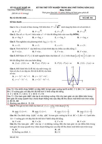 Kỳ thi thử Tốt nghiệp THPT môn Toán - Mã đề 301 - Năm học 2022-2023 - Sở GD&ĐT Nghệ An (Có hướng dẫn giải chi tiết)