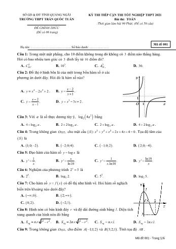 Kỳ thi tiếp cận thi Tốt nghiệp THPT môn Toán - Mã đề 101 - Năm học 2021-2022 - Trường THPT Trần Quốc Tuấn (Có đáp án)